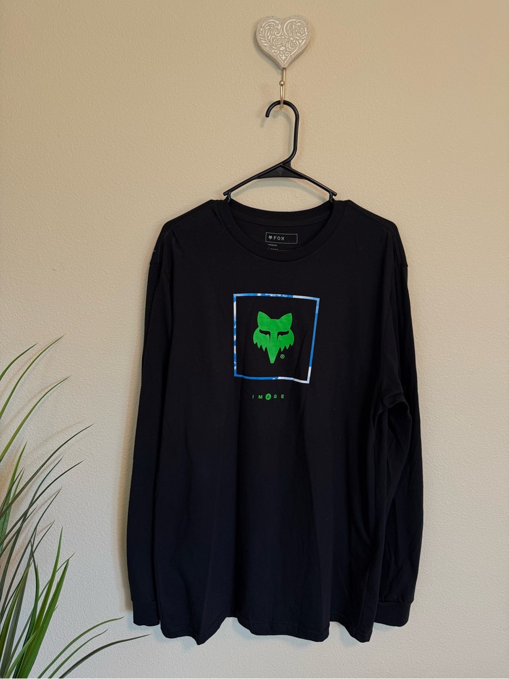 Fox Black Long Sleeve Tee with Green Fox Head Graphic